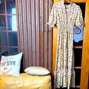 Max Studio Yellow Floral Dress with Pink and Cream Accents, Size S